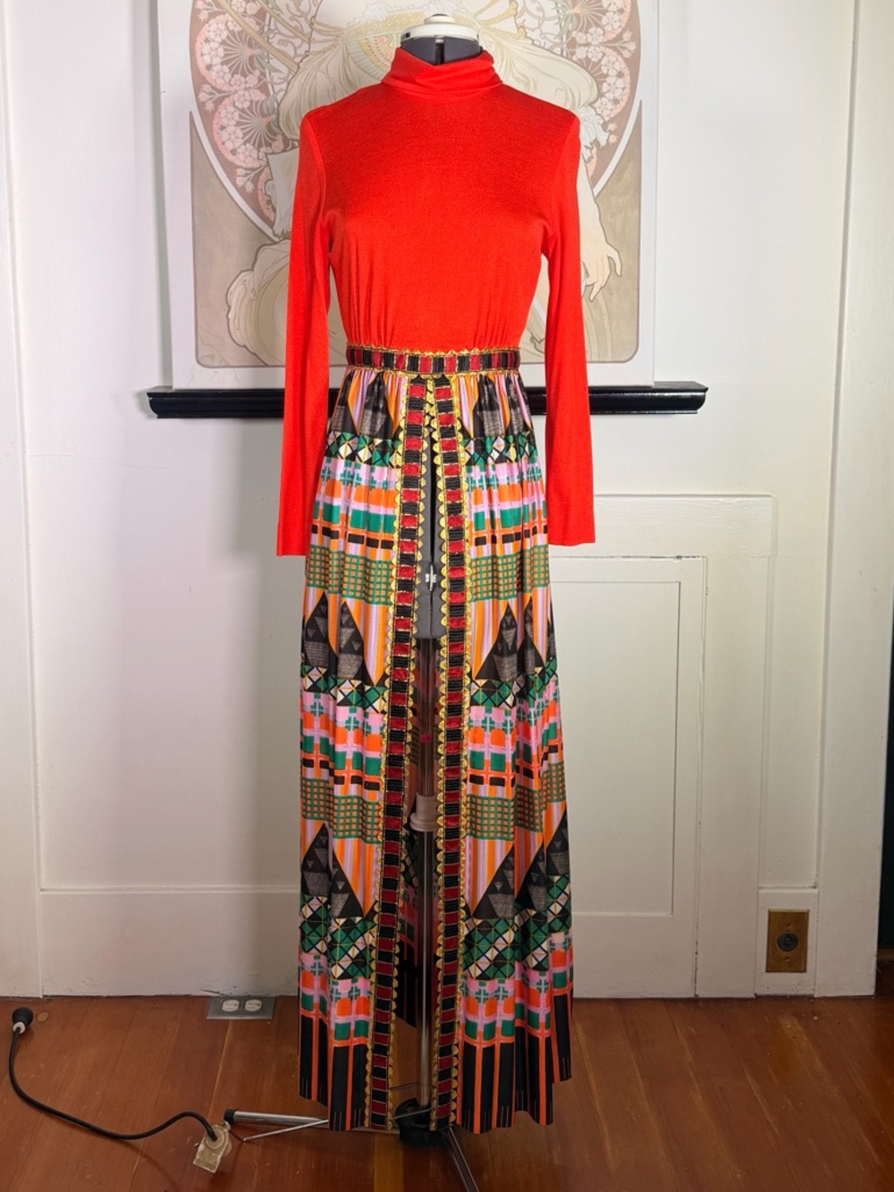 Vintage 60s/70s Maxi Dress Psychedelic Long Sleeve Geometric Metallic Accents